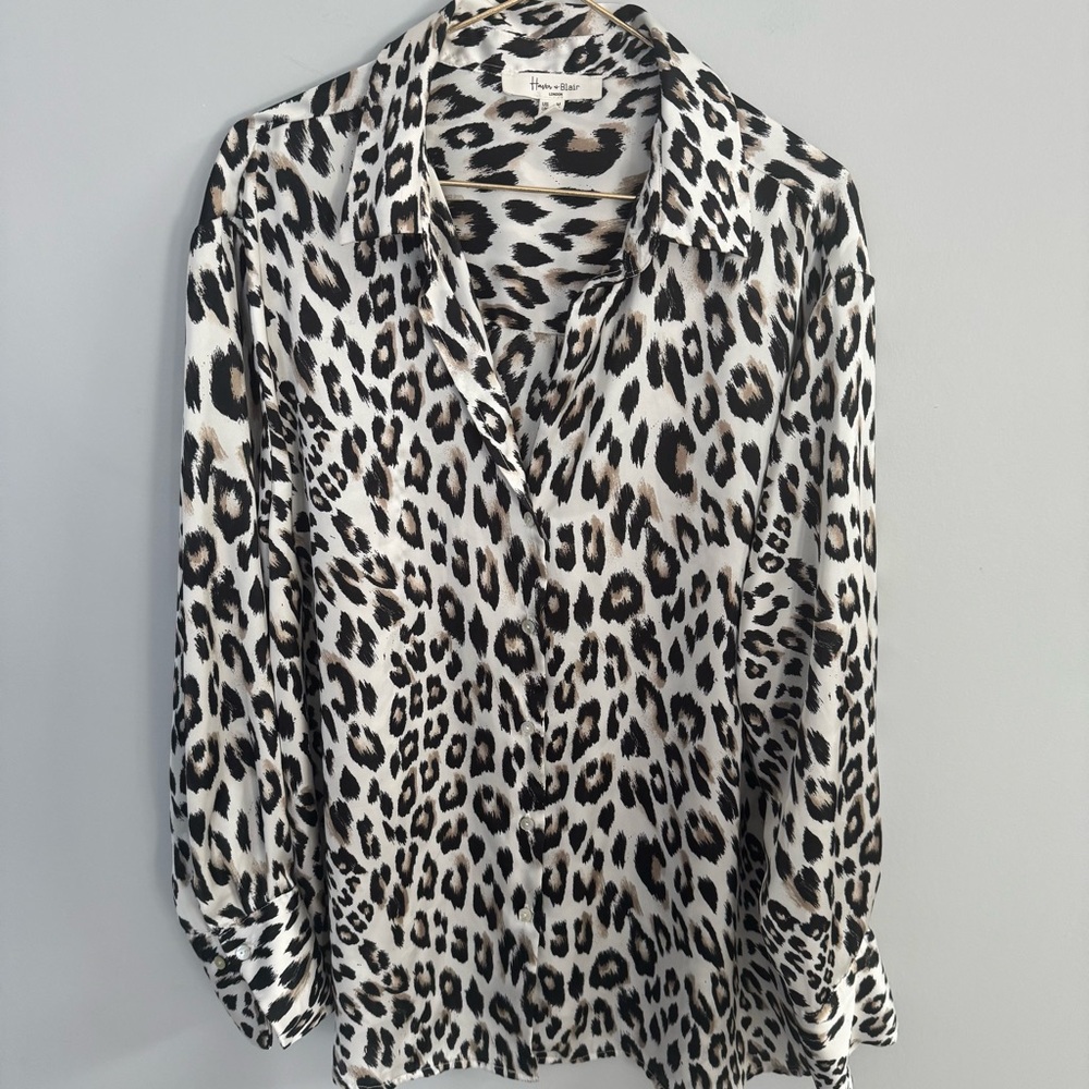 HAVER & BLAIR Women's Animal Print Blouse Black Tan Size MEDIUM